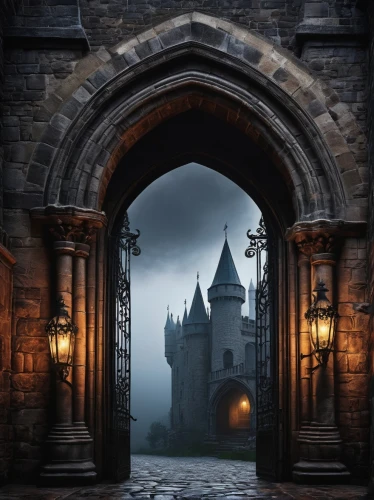 hogwarts,diagon,blackgate,haunted castle,castle of the corvin,ravenloft,ghost castle,fairy tale castle,doorways,archway,theed,wizarding,iron gate,hogsmeade,archways,fantasy picture,city gate,haunted cathedral,riftwar,pointed arch,Photography,Black and white photography,Black and White Photography 04