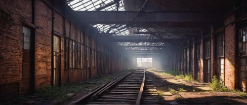 abandoned train station,freight depot,industrial ruin,railyards,disused railway line,brickworks,industrial hall,brickyards,abandoned factory,trainshed,railway tracks,locomotive shed,industrial landscape,railtrack,cryengine,railroad track,steelyard,railroad,railyard,railroad line,Illustration,Retro,Retro 10