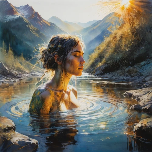 heatherley,girl on the river,donsky,water nymph,the blonde in the river,mountain spring,naiad,world digital painting,thermal spring,kupala,bathing,hotsprings,oil painting on canvas,acqua,hotspring,woman at the well,fantasy picture,oil painting,fantasy art,struzan,Illustration,Paper based,Paper Based 13