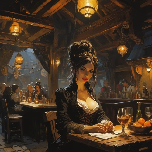 tableside,innkeeper,woman at cafe,barmaid,proprietress,fantasy art,fortuneteller,bartender,taverns,barkeep,fantasy portrait,romantic dinner,cupbearer,victorian lady,perfumer,apothecary,candlemaker,candle light dinner,fantasy picture,wine tavern,Conceptual Art,Sci-Fi,Sci-Fi 01