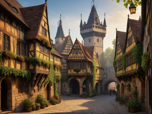 medieval street,medieval town,rothenburg,quedlinburg,bamberg,highstein,rattay,fairy tale castle sigmaringen,medieval,hildesheim germany,hohenzollerns,rothenburg of the deaf,townscapes,thun,yezhel,fairy tale castle,knight village,alsace,hildesheim,nuremberg,Art,Classical Oil Painting,Classical Oil Painting 11