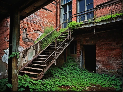 abandoned building,stairwells,old brick building,brickyards,abandoned places,outside staircase,abandoned place,abandoned factory,stairwell,staircases,dilapidated building,lofts,old factory building,lost place,lostplace,abandoned school,old factory,stairways,brickworks,abandoned train station,Conceptual Art,Fantasy,Fantasy 04