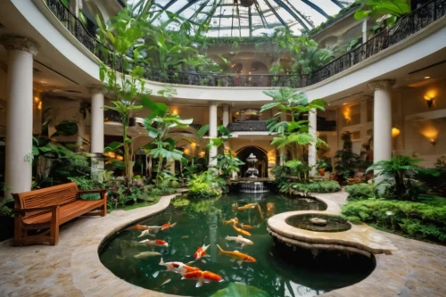 gaylord palms hotel,wintergarden,opryland,conservatory,winter garden,atriums,lilly pond,koi pond,floor fountain,garden pond,venetian hotel,tropical jungle,atrium,fountain pond,underwater oasis,driskill,galleria,fishpond,phipps,hotel lobby,Illustration,Realistic Fantasy,Realistic Fantasy 02