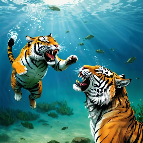 tigers,tigershark,tigerfish,tigerish,deep zoo,aquarium inhabitants,animals hunting,two fish,megafight,tigerle,tigert,stigers,underwater world,world digital painting,tiger,aquatic animals,blue tiger,aquos,asian tiger,tropical animals,Art,Classical Oil Painting,Classical Oil Painting 23