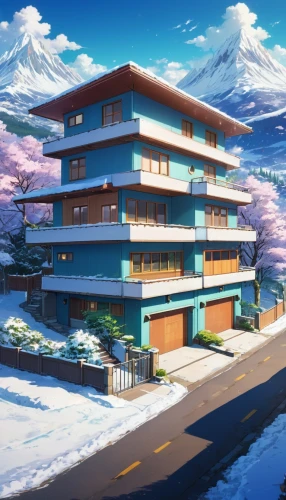 snow roof,apartment complex,ski resort,snow slope,apartment house,winter house,kamuy,apartment block,holiday complex,apartment building,onsen,shinbo,winter background,ryokan,tsukihime,an apartment,house in the mountains,snow mountain,snow landscape,sky apartment,Illustration,Japanese style,Japanese Style 03