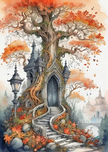 autumn tree,yggdrasil,autumn background,autumn theme,mabon,mirkwood,witch's house,fablehaven,watercolor tree,pumpkin autumn,fairy tale castle,fantasy picture,autumn landscape,autumn scenery,fantasy art,fairy chimney,fairy house,autumn idyll,fall landscape,halloween bare trees,Illustration,Black and White,Black and White 05