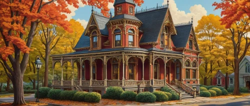 victorian house,victorian,old victorian,brownstones,house painting,fall landscape,maplecroft,old town house,autumn landscape,sylvania,autumn background,houses clipart,rowhouses,country house,brownstone,victorian style,house in the forest,two story house,townhome,apartment house,Illustration,American Style,American Style 15