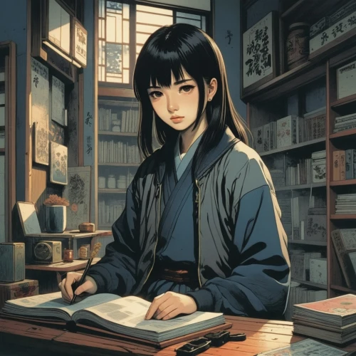 girl studying,bibliophile,yongmei,bookworm,scholar,bibliographer,hikikomori,bookseller,bookstore,kinokuniya,shimei,librarian,book store,sango,bookshop,katsura,neji,hoshihananomia,qianwen,reading,Illustration,Japanese style,Japanese Style 17