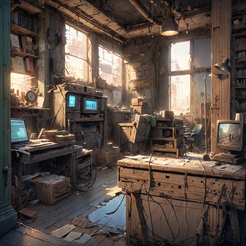 computer room,abandoned room,mailroom,bureau,computer workstation,dishonored,abandoned place,manufactory,modern office,abandoned factory,abandoned places,study room,gunkanjima,laboratory,workstations,fabrik,tenement,fallout,empty interior,laboratories,Anime,Anime,General