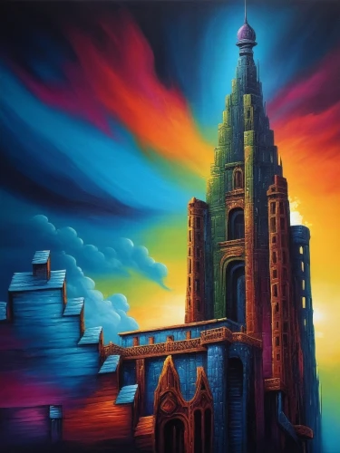 church painting,basil's cathedral,saint basil's cathedral,hildebrandt,temples,black church,tirith,spires,orthanc,barad,steeple,steeples,the black church,fantasy city,colorful city,sagrada,notredame,citadels,disney castle,steepled,Illustration,Realistic Fantasy,Realistic Fantasy 25