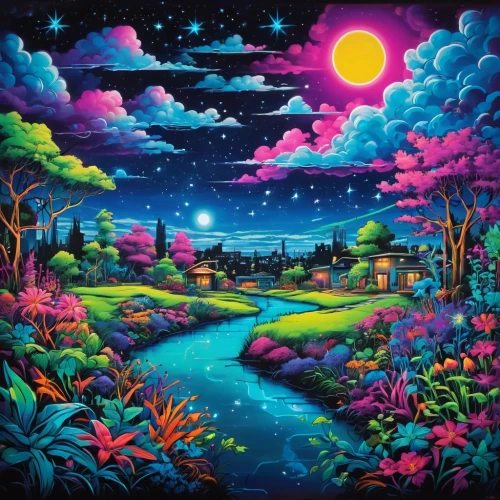 purple landscape,landscape background,fantasy landscape,night scene,motif,fairyland,river landscape,springtime background,home landscape,fairy world,fairy village,art painting,children's background,nature landscape,dreamscape,colorful background,dreamland,dream art,dreamlands,mushroom landscape,Conceptual Art,Graffiti Art,Graffiti Art 07