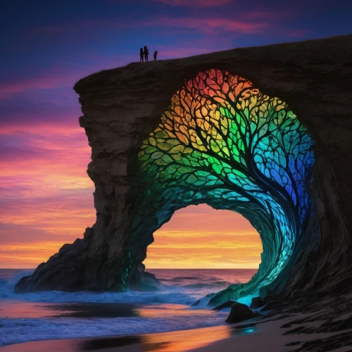 rainbow bridge,colorful tree of life,rainbow waves,natural arch,three point arch,rock arch,rainbow background,colorful background,colorful light,colorful spiral,abstract rainbow,half arch,rainbow pencil background,rose arch,rainbow colors,portals,archway,heaven gate,vibrantly,rainbow jazz silhouettes,Conceptual Art,Fantasy,Fantasy 02