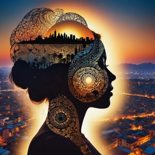 woman thinking,envisioneering,neuroplasticity,chronobiology,panpsychism,neuroinformatics,neuromarketing,cognitive psychology,cognitivism,mindstream,self hypnosis,woman silhouette,afrofuturism,brainwaves,precognition,imaginacion,phrenology,neuroeconomics,transcranial,envisioning,Photography,General,Realistic