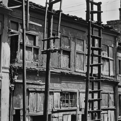 tenement,antique construction,storehouses,wooden facade,year of construction 1954 – 1962,tenements,year of construction 1937 to 1952,old buildings,auschwitz i,building construction,wooden frame construction,barrios,wooden construction,hooverville,iron construction,shantytowns,wooden houses,wooden windows,piranesi,timber framed building,Photography,Black and white photography,Black and White Photography 10
