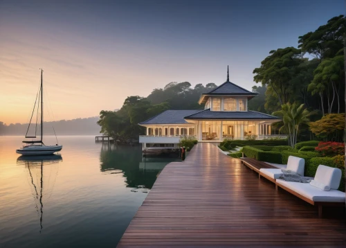 house by the water,golden pavilion,floating huts,the golden pavilion,boat house,boathouse,house with lake,summer house,boatshed,water palace,tropical house,luxury property,asian architecture,houseboat,dreamhouse,tranquility,beautiful home,boathouses,tailandia,boat dock,Illustration,Realistic Fantasy,Realistic Fantasy 08