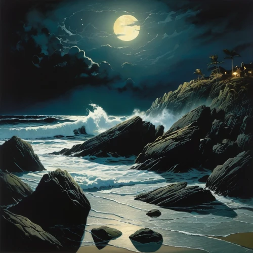 dark beach,coastal landscape,beach landscape,rocky coast,siggeir,sea landscape,rocky beach,night scene,black beach,moonlit night,sea night,seascape,hildebrandt,moonscape,el mar,moonlit,lacombe,lunar landscape,puttnam,landscape with sea,Illustration,Realistic Fantasy,Realistic Fantasy 29