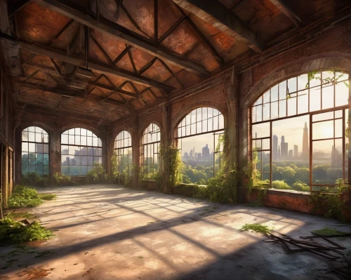 cryengine,industrial ruin,abandoned place,lost place,brickworks,abandoned factory,abandoned train station,industrial hall,industrial landscape,abandoned places,overgrowth,dandelion hall,empty factory,lostplace,factory hall,greenhouse,croft,environments,fabrik,old factory,Illustration,Realistic Fantasy,Realistic Fantasy 01