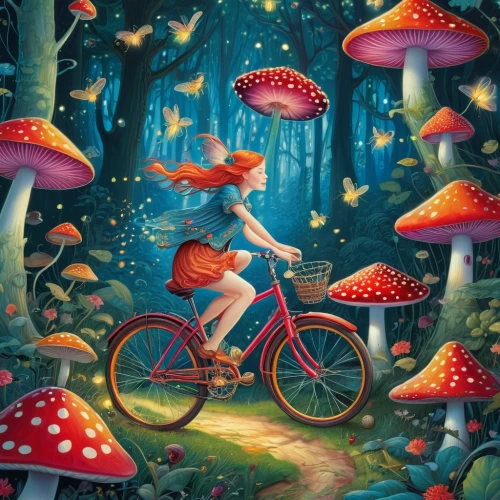 mushroom landscape,toadstools,red mushroom,muscaria,mushrooms,amanita,forest mushroom,fairy forest,forest mushrooms,toadstool,fly agaric,red bicycle,agaric,mycena,shrooms,mushroomed,fantasy picture,red fly agaric mushrooms,mushrooming,fairy world,Conceptual Art,Fantasy,Fantasy 21