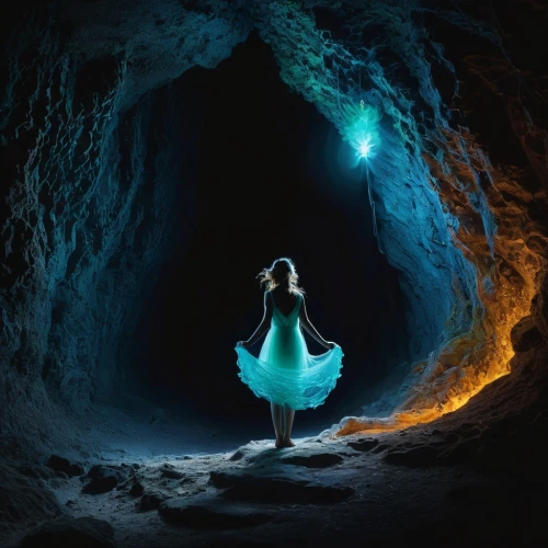 fantasy picture,blue cave,ice cave,inner light,fantasia,luminous,bioluminescent,magical,enchanted,faerie,mystical portrait of a girl,photomanipulation,light painting,lightpainting,descent,light of night,enchantment,cinderella,creative background,glow of light,Photography,General,Fantasy