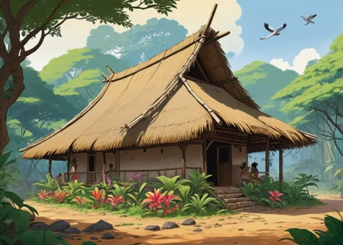 ancient house,longhouses,tropical house,teahouse,huts,traditional house,wooden hut,korowai,straw hut,thatched,thatched roof,longhouse,bird kingdom,studio ghibli,thatched cottage,polynesian,home landscape,thatch roof,round hut,summer cottage,Illustration,Japanese style,Japanese Style 07
