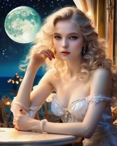 celtic woman,emile vernon,moonlit night,fantasy picture,moonlighted,blue moon rose,moonbeam,peignoir,moonlit,moonbeams,white rose snow queen,white lady,moon night,moonflower,moonshining,queen of the night,fairy tale character,dreamlover,moonlite,fantasy woman,Illustration,Realistic Fantasy,Realistic Fantasy 37
