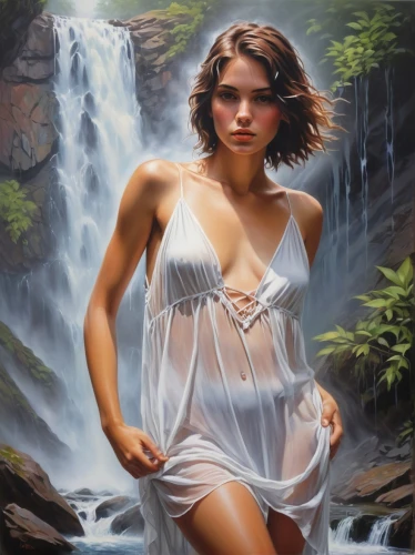 struzan,donsky,water fall,waterfall,fantasy art,girl on the river,water nymph,waterfalls,flowing water,oil painting on canvas,oil painting,cascading,naiad,fantasy picture,brown waterfall,the blonde in the river,art painting,water flowing,waterval,waterflow,Conceptual Art,Fantasy,Fantasy 15