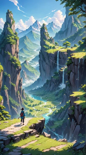 cliffside,high landscape,mountain world,mountain landscape,meteora,mountain scene,fantasy landscape,skylands,mountainous landscape,canyon,landscape background,hinterlands,valley,cliffsides,alpine crossing,mountains,mountainside,cliffs,wander,mountain,Anime,Anime,Realistic