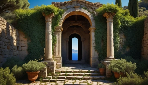greek island door,archways,doorways,provencal,labyrinthian,doorway,alcove,stone gate,portal,taormina,mediterranean,theed,the threshold of the house,cyclades,mausoleum ruins,sicily window,ruins,lycian,archway,cartoon video game background,Art,Artistic Painting,Artistic Painting 36