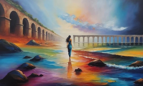 oil painting on canvas,rainbow bridge,art painting,dubbeldam,sea landscape,oil painting,peinture,pintura,seascape,dream art,coastal landscape,colorful background,italian painter,exploration of the sea,oil on canvas,meticulous painting,pittura,peintre,caple,beach landscape,Illustration,Paper based,Paper Based 04