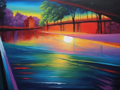 dubbeldam,river landscape,boathouse,oil painting on canvas,covered bridge,rainbow bridge,art painting,evening lake,oil on canvas,painting technique,pittura,oil painting,pintura,night scene,pintor,boat landscape,towpath,pont,wooden bridge,landscape,Illustration,Realistic Fantasy,Realistic Fantasy 25