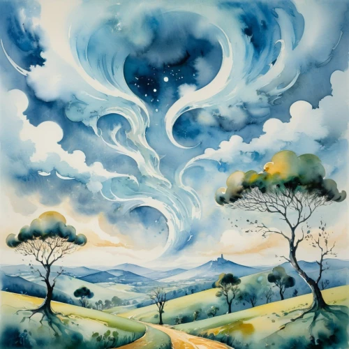 watercolor background,cielo,watercolor blue,watercolor tree,mushroom landscape,rain clouds,paisaje,whirlwinds,sky clouds,blue sky clouds,storm clouds,stormy clouds,thunderclouds,watercolor,landscape background,watercolor painting,clouds,cloudburst,cloudbursts,rural landscape,Illustration,Paper based,Paper Based 25