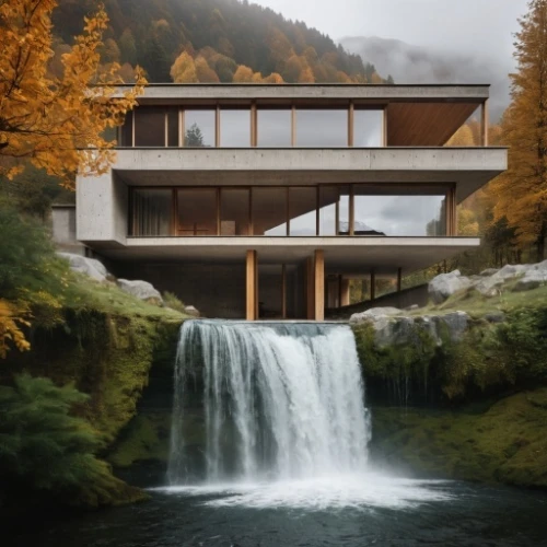 fallingwater,house in mountains,house with lake,house in the mountains,mid century house,modernism,cascada,forest house,modern house,brown waterfall,waterfall,beautiful home,house by the water,green waterfall,house in the forest,swiss house,modern architecture,lohaus,svizzera,mid century modern