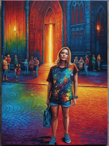 neon body painting,thorgerson,chalk drawing,girl in t-shirt,girl in a historic way,paschke,rainbow background,colorful light,woman walking,colored crayon,vivid sydney,fluorescent dye,street chalk,bodypainting,pedestrian,multidimensional,tie dye,color pencils,stereogum,uv,Illustration,Realistic Fantasy,Realistic Fantasy 25