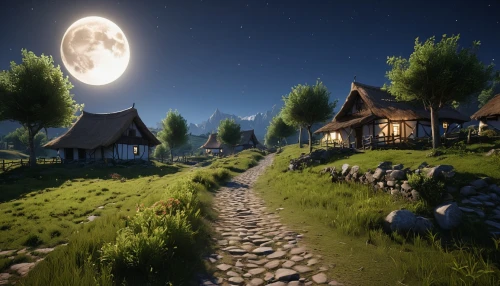 sansar,moonlit night,cryengine,riftwar,enb,streamwood,moonlit,sylvania,luin,sse,rendalen,riverwood,moonlight,night scene,netherwood,wooden path,summer cottage,moon at night,galvanise,hanging moon,Photography,General,Realistic