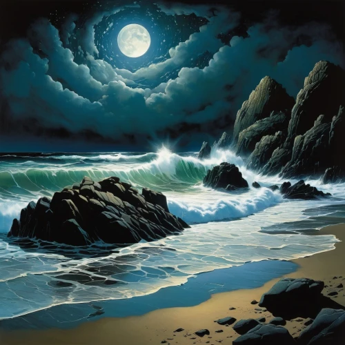 dark beach,beach landscape,seascape,sea night,sea landscape,coastal landscape,wyland,moonlit night,moonscape,lunar landscape,beach scenery,black beach,keeffe,welliver,el mar,ocean waves,burchfield,rocky beach,hildebrandt,night scene,Illustration,Realistic Fantasy,Realistic Fantasy 29