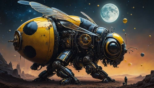 kryptarum-the bumble bee,bumblebee,drone bee,mechana,tau,goldbug,scarab,genista,orbiter,dropship,mecha,sci fiction illustration,bumblebee fly,robnik,moon vehicle,maschinen,mech,lunar prospector,mechanoid,mechanician,Photography,General,Fantasy