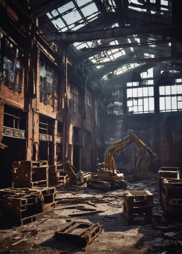abandoned factory,empty factory,industrial hall,industrial ruin,fabrik,factory hall,old factory,factories,foundry,warehouse,brownfield,demolition,steel mill,demolition work,dereliction,destroyed area,manufactory,industrial landscape,derelict,warehouses,Illustration,Realistic Fantasy,Realistic Fantasy 47