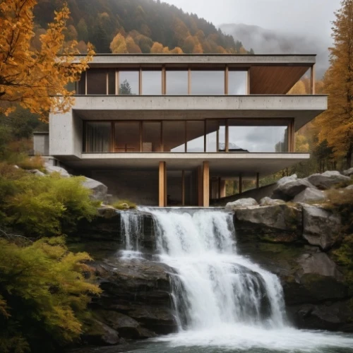 fallingwater,house in mountains,house in the mountains,house with lake,house by the water,modern house,forest house,modern architecture,lohaus,swiss house,mid century house,beautiful home,svizzera,waterval,kundig,brown waterfall,house in the forest,luxury property,cubic house,waterfall