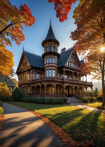 victorian house,victorian,old victorian,fairytale castle,fairy tale castle,woodburn,vermont,fall landscape,new england style house,marylhurst,victorian style,henry g marquand house,forest house,house in the forest,autumn morning,maine,house silhouette,golden autumn,sylvania,autumns,Art,Classical Oil Painting,Classical Oil Painting 30