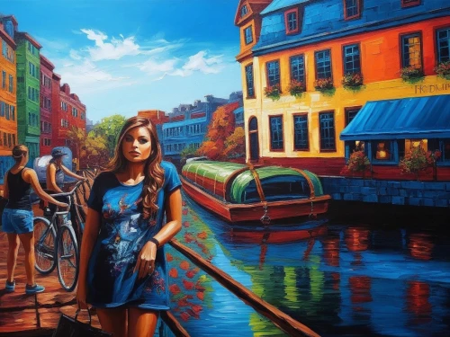 girl on the river,colmar,oil painting on canvas,girl on the boat,canals,art painting,colmar city,venetians,lachapelle,toulouse,oil painting,strasbourg,girl with bread-and-butter,canal,delft,narrowboats,city moat,blue painting,girl in a historic way,peinture,Illustration,Realistic Fantasy,Realistic Fantasy 25