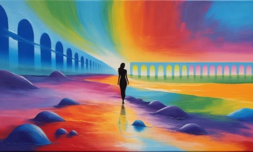 rainbow bridge,dubbeldam,colorful background,art painting,oil painting on canvas,abstract rainbow,background colorful,vibrantly,rainbow background,harmony of color,coloristic,vibrancy,color fields,dream art,synaesthesia,girl in a long,colourfully,woman walking,abstract painting,dreamscape,Illustration,Vector,Vector 07