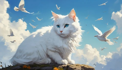 white cat,korin,skyclan,cloudmont,cathala,miqati,kittelsen,cat with blue eyes,cat with eagle eyes,colotti,windclan,nederpelt,cat,cumulus,seregil,felino,cat on a blue background,cat vector,snowbell,fantasy animal,Conceptual Art,Fantasy,Fantasy 06
