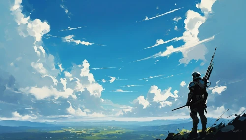 silhouette against the sky,sky,blue sky,the horizon,lone warrior,bluesky,horizon,blue sky clouds,wander,sentinels,cielo,blue sky and clouds,against sky,the wanderer,scythe,reynir,wanderer,skyland,azure,sentinel,Conceptual Art,Fantasy,Fantasy 06