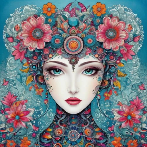 boho art,boho art style,viveros,duenas,mandala flower illustration,girl in flowers,fantasy portrait,flora,persephone,bohemian art,fairy peacock,wreath of flowers,leota,aquarius,cosmic flower,colorful floral,amidala,flower fairy,masquerade,baoshun,Illustration,Abstract Fantasy,Abstract Fantasy 08