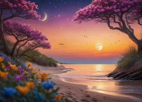 beach landscape,springtime background,fantasy landscape,beach scenery,landscape background,fantasy picture,nature background,beautiful beach,spring background,moon and star background,beautiful wallpaper,sea of flowers,world digital painting,nature wallpaper,easter background,purple landscape,dream beach,flower in sunset,idyllic,colorful background,Photography,General,Commercial