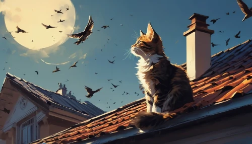 magpie cat,cat sparrow,skyclan,ravenpaw,cat with eagle eyes,windclan,roofs,familiars,birdwatching,stray cat,cat european,roof landscape,house roofs,blacksad,firecat,kittelsen,rooftops,bird watching,drawing cat,housetop,Conceptual Art,Fantasy,Fantasy 06