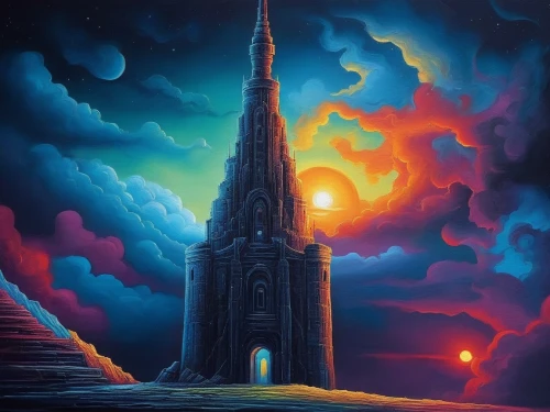 church painting,hildebrandt,sagrada,space art,spire,steeple,skyterra,orthanc,monolith,cathedral,skyscraper,black church,templedrom,prog,world digital painting,the skyscraper,xanadu,obelisco,skycraper,cityscape,Illustration,Realistic Fantasy,Realistic Fantasy 25