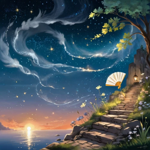 fantasy picture,moon and star background,tanabata,fantasy landscape,moon and star,children's background,dreamscapes,falling star,landscape background,dreamland,starry night,stars and moon,beautiful wallpaper,dreamscape,dreamtime,dream world,world digital painting,starlit,falling stars,mid-autumn festival,Unique,Design,Character Design