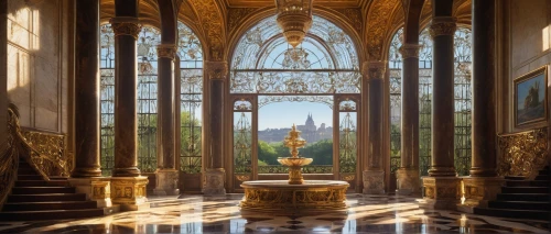 highclere castle,dunrobin castle,palladianism,versailles,villa d'este,cliveden,ritzau,ornate room,enfilade,château de chambord,grandeur,alcazar of seville,harlaxton,gold castle,europe palace,royal interior,the palace,palatial,chambord,mirogoj,Illustration,Retro,Retro 09