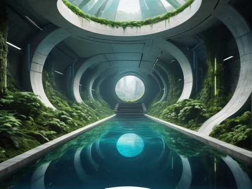 futuristic landscape,arcology,subkingdom,biosphere,biospheres,futuristic architecture,futuristic art museum,tunnel of plants,subterranean,habitats,ecotopia,underwater oasis,tunneling,airlock,aquarium,ufo interior,sky space concept,biodome,underwater landscape,plant tunnel,Illustration,Abstract Fantasy,Abstract Fantasy 08